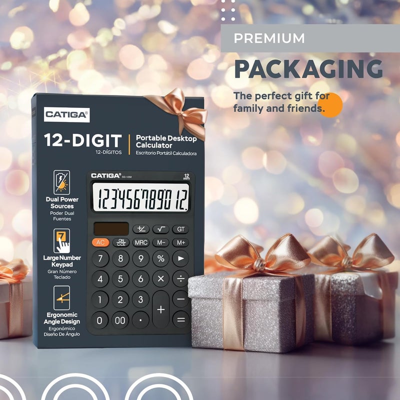 CATIGA 12 Digit Desktop Calculator with Large LCD Display, 4 Funtions Calculator, Round Design Big Button, Solar and Battery Dual Power, Standard Function for Office, Home, School, SD-1292 - Image 2